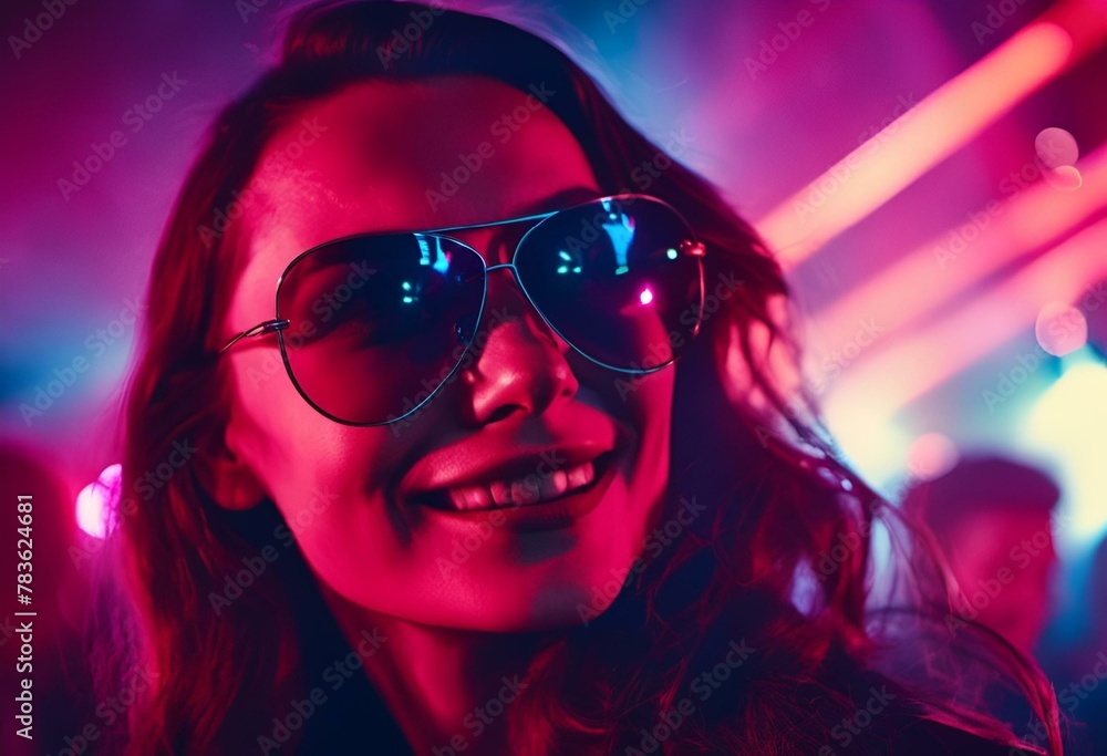 AI generated illustration of a portrait of a young woman in sunglasses at a party