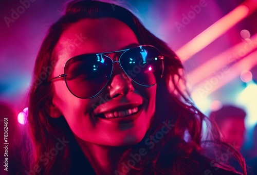 AI generated illustration of a portrait of a young woman in sunglasses at a party