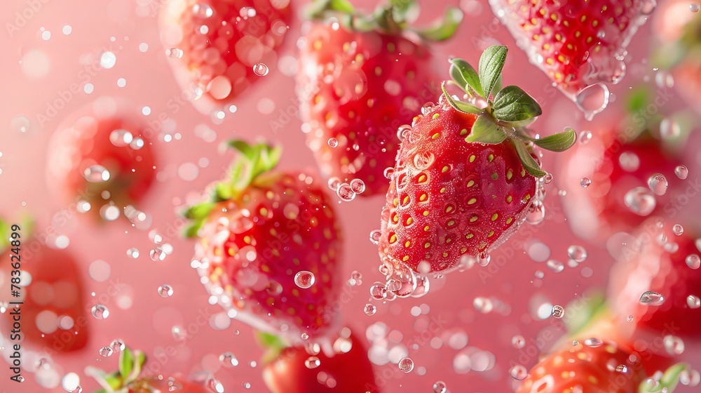 Ripe strawberries floating among frozen droplets on a pink gradient backdrop AI generated illustration Ripe strawberries floating among frozen droplets on a pink gradient backdrop AI generated illustration