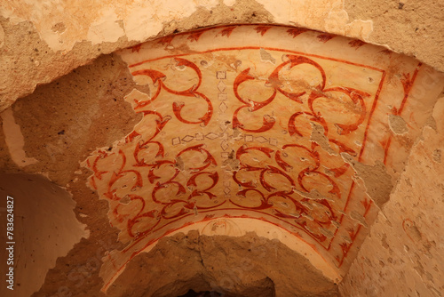 A christian ceiling fresco inside of the Grape, St. Niketas Church, Üzümlü Kilise in the Red Valley, Kizilcukur Vadisi near Göreme, Cavusin, Cappadocia, Turkey photo