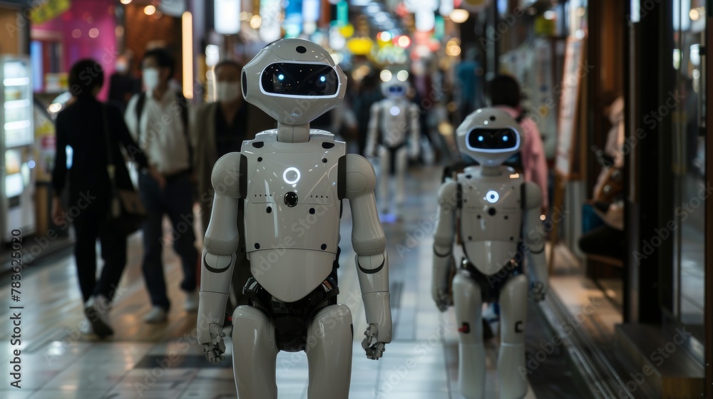 Robots and humans coexist in harmony going about their daily lives AI generated illustration Robots and humans coexist in harmony going about their daily lives AI generated illustration
