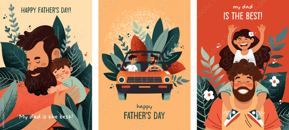 Obraz premium Set of postcards dedicated to Father's Day. Family, father and son, father and daughter, friendship and mutual understanding. Prints for clothes, cover for notebooks, posters, postcards, advertising 
