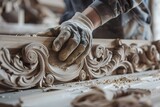 Artisan Carving Wood with Precision. Focus on Hands and Detail. Craftsmanship in Traditional Style. Woodworking Workshop Elegance. Generative AI