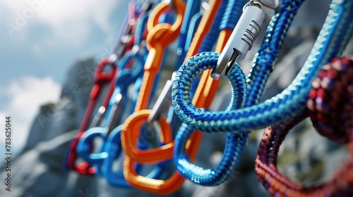Rock climbing ropes and carabiners suspended 3d style isolated flying objects memphis style 3d render  AI generated illustration photo
