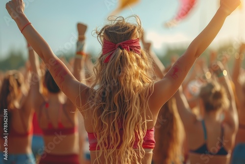 The image captures the excitement and vibrant energy of music fans enjoying a live outdoor festival with raised hands