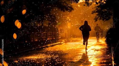 A jogger braving the rain  their path illuminated by the golden hue of early morning light  the city around them washed clean.