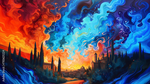 Vibrant Color Night: Psychedelic Rural Landscape with Ethereal Azure & Amber, AI Generated Image