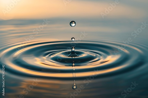 Tranquil Water Droplet Captured at Sunset. Serenity and Nature's Simplicity in Harmony. Perfect for Calm Backgrounds. Generative AI