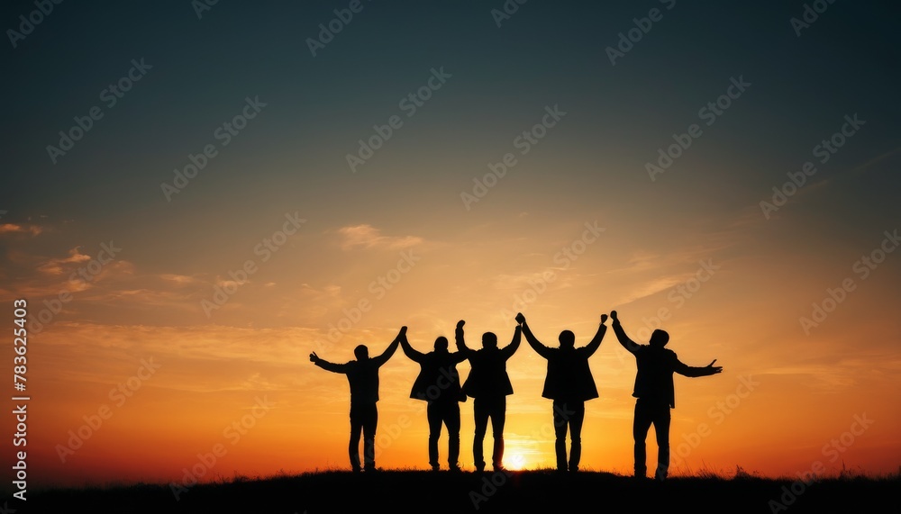 A group of friends with raised hands in silhouette against a vibrant sunset, symbolizing friendship and victory