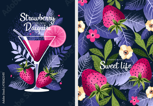 Beautiful trendy cards with strawberries and cocktail. Stylish flat graphics and original design for card, poster, flyer, banner and other