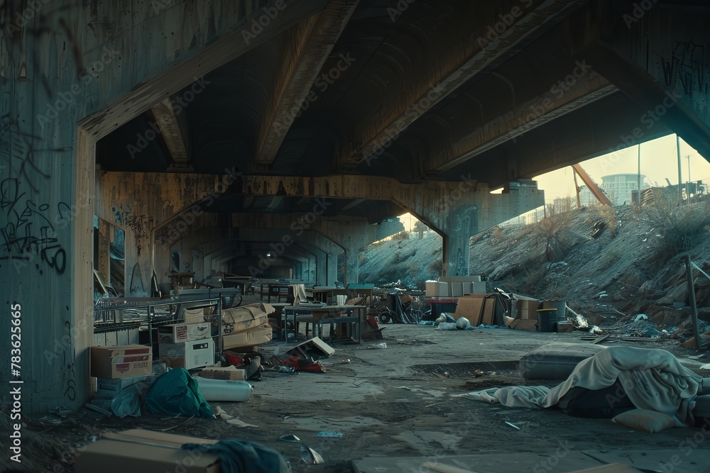 Chaotic Makeshift Shelter under Bridge, Reflecting Harsh Living Conditions and Social Issues Concept. Chaotic Makeshift Shelter under Bridge, Reflecting Harsh Living Conditions and Social Issues Concept.