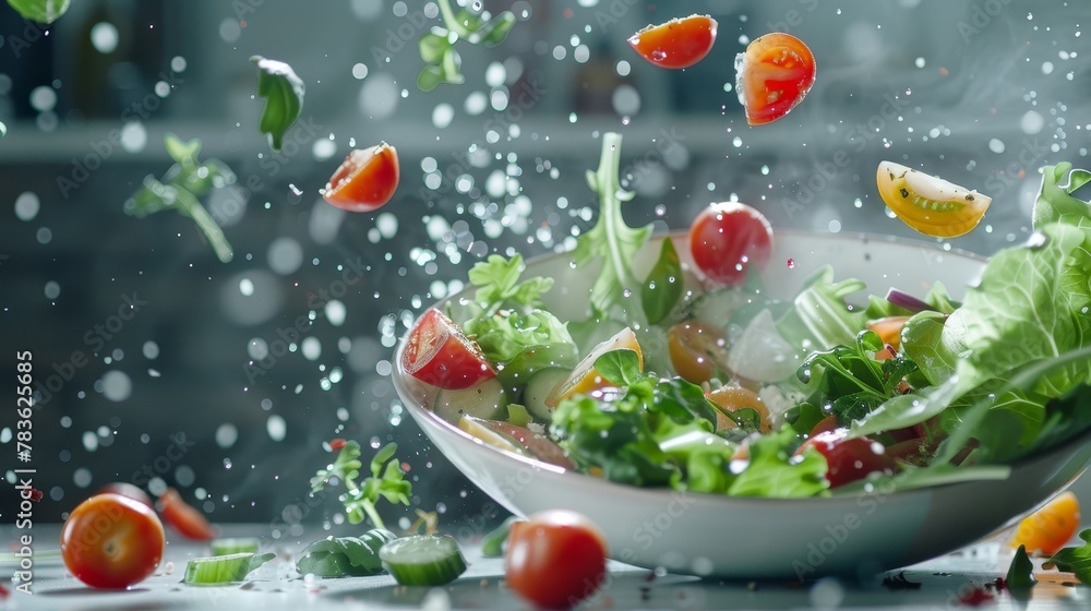 Showcase the freshness of a flying salad with a burst of natural light AI generated illustration Showcase the freshness of a flying salad with a burst of natural light AI generated illustration