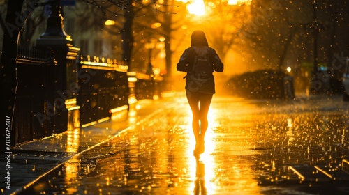 A jogger braving the rain, their path illuminated by the golden hue of early morning light, the city around them washed clean.