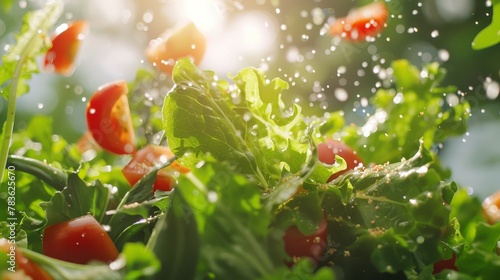 Showcase the freshness of a flying salad with a burst of natural light AI generated illustration