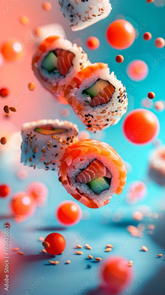 Showcase the vibrant colors of a flying sushi roll with a play of shadows and light  AI generated illustration
