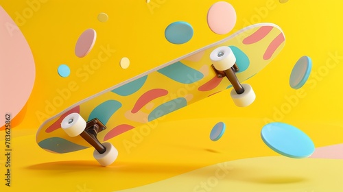 Skateboard deck and wheels in a geometric motif 3d style isolated flying objects memphis style 3d render AI generated illustration