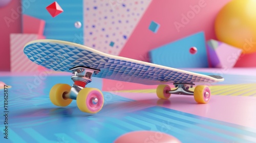 Skateboard deck and wheels in a geometric motif 3d style isolated flying objects memphis style 3d render  AI generated illustration