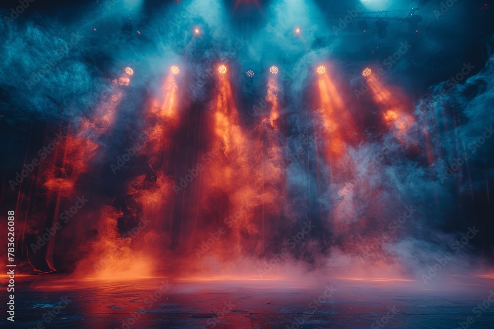 This image captures the intensely dramatic atmosphere of a theatrical stage, enshrouded in red smoke with powerful beams of light