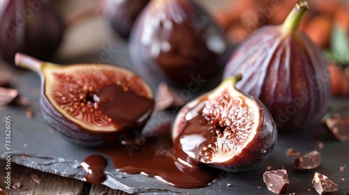 Smooth chocolate sauce cascading onto a halved fig  AI generated illustration photo
