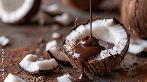 Smooth chocolate drizzling onto a sliced coconut  AI generated illustration