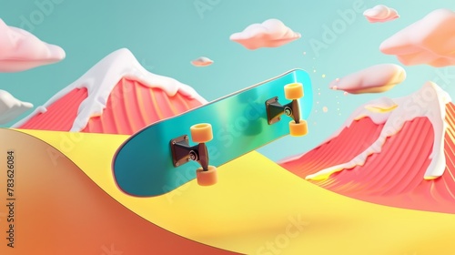 Snowboard and halfpipe in a vibrant colorway 3d style isolated flying objects memphis style 3d render  AI generated illustration