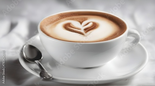 From above cup of fresh cappuccino with heart shape on froth served on wooden table in cafe. generative.ai