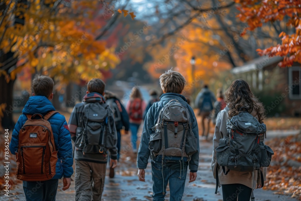 Friends enjoy a walk on a tree-lined path with autumn leaves, a representation of youth and the changing seasons Friends enjoy a walk on a tree-lined path with autumn leaves, a representation of youth and the changing seasons
