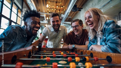A business team taking a break from work to play a game of foosball, their faces filled with excitement and competition. The game is close, and the room is filled with cheers and laughter.