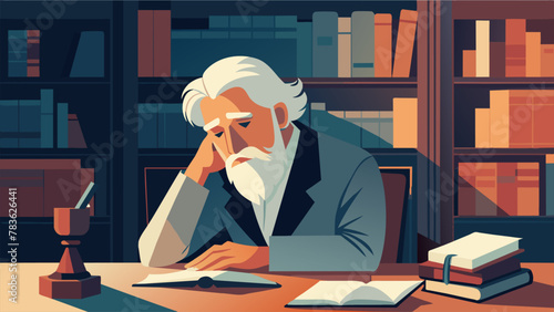 An aged poet his silver hair pulled back in a loose ponytail sitting at a cluttered desk in a quaint library lost in thought as he composes