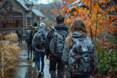 Teenagers equipped with backpacks proceed through a rainy scene filled with fall colors, reflecting resilience and youth culture