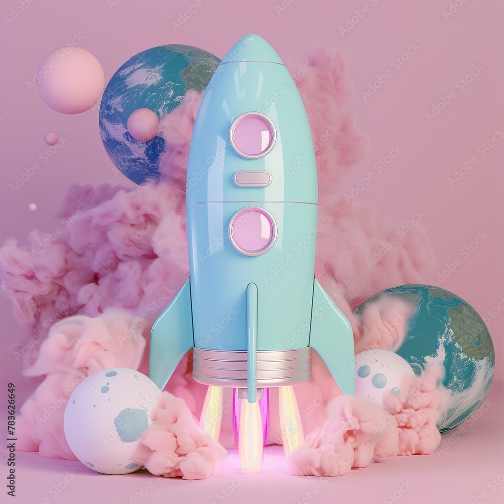 A pastel colored rocket ship is taking off from a pink planet with two ...