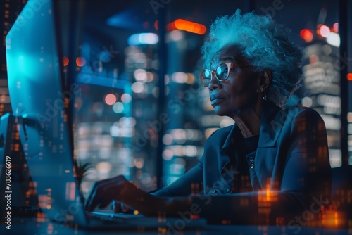 a woman working on her laptop in the city with buildings lit up at night
