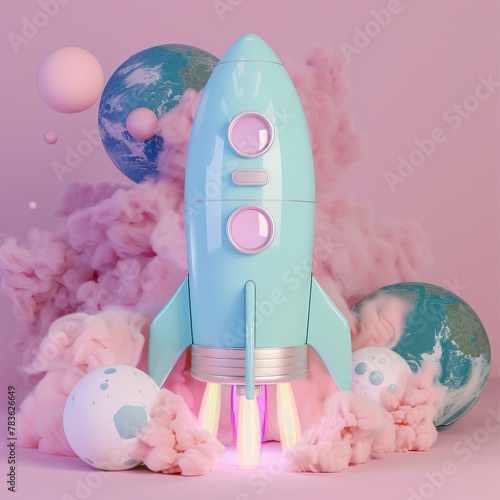 A pastel colored rocket ship is taking off from a pink planet with two moons.  The rocket has pink smoke coming out of its boosters.  There are also several planets and moons floating around the rocke photo