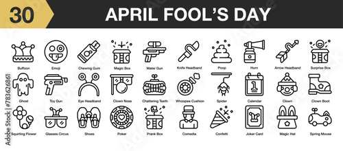 Set of 30 april fool's day icon set. Includes horn, shoes, spider, toy gun, ghost, clown and More. Outline icons vector collection.