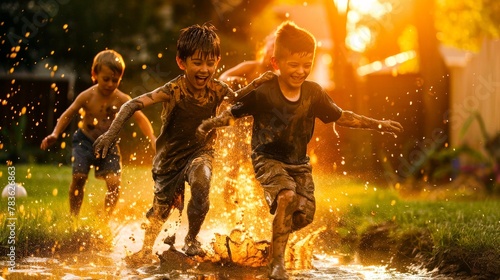A joyful mud fight among friends in the backyard, the setting sun casting a warm, golden light on their muddy but happy faces.