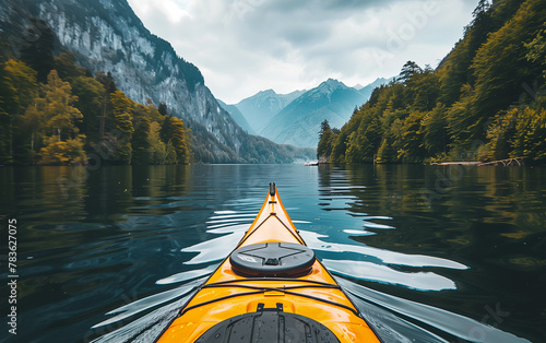 Kayaker Paddling on Calm Lake, Scenic Mountain Backdrop - outdoor adventure, mountain lake kayaking, tranquil nature scene.