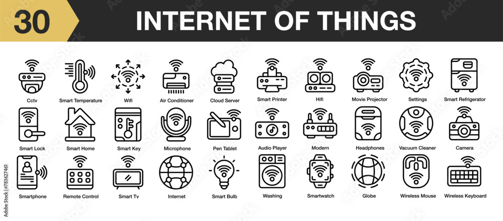 Set of 30 internet of things icon set. Includes hifi, internet, setting, smart tv, wifi, washing, and More. Outline icons vector collection.