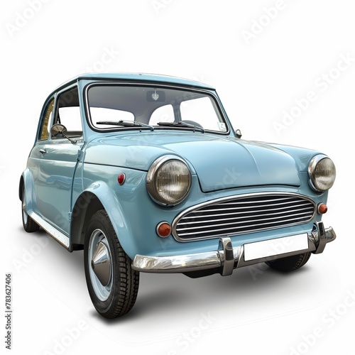 A vintage blue Mini car isolated on a white background showcasing retro automotive design.