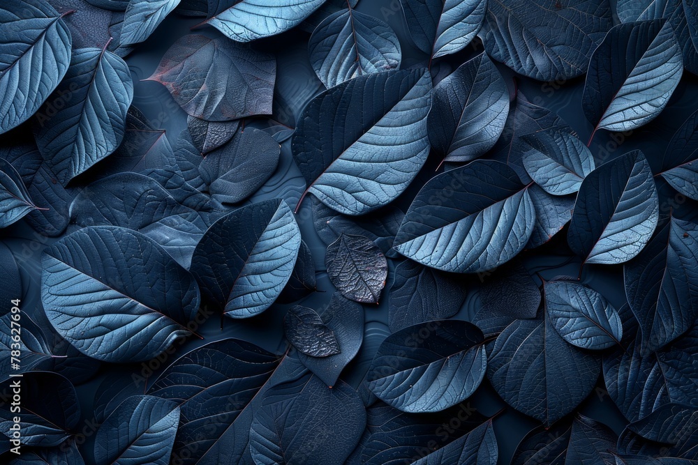 AI generated illustration of dark leaves scattered in a field against a dark backdrop - obrazy, fototapety, plakaty 