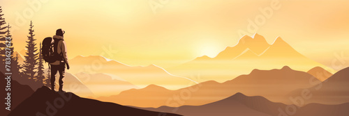 A tourist meets the sunrise in the mountains, hiking, adventure tourism and travel, vector illustration