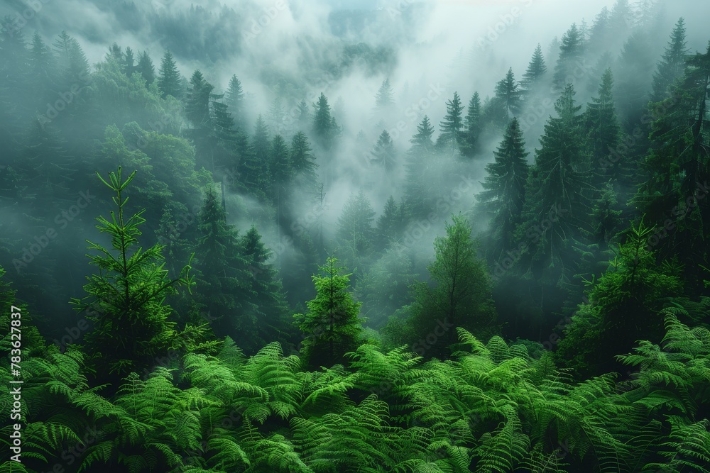 A serene vista of vibrant ferns stretching beneath a soft canopy of mist-enveloped pine trees in a tranquil forest