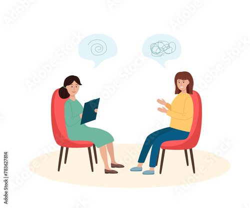 Psychotherapy, a girl at a psychologist's appointment. Vector illustration of a flat style, the concept of treating depression or psychological problems. © Elenglush