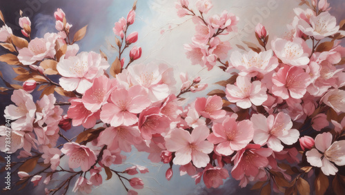 Serene floral canvas adorned with a profusion of delicate cherry blossoms, captured in exquisite oil strokes. photo