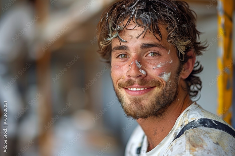 Handsome young man with a joyful expression, covered in white paint splashes, resting at a construction site