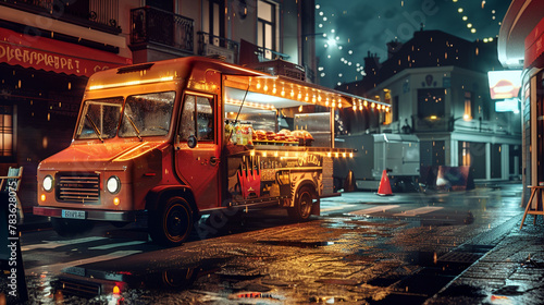 a food truck that is sitting in the street next to another car © Wirestock