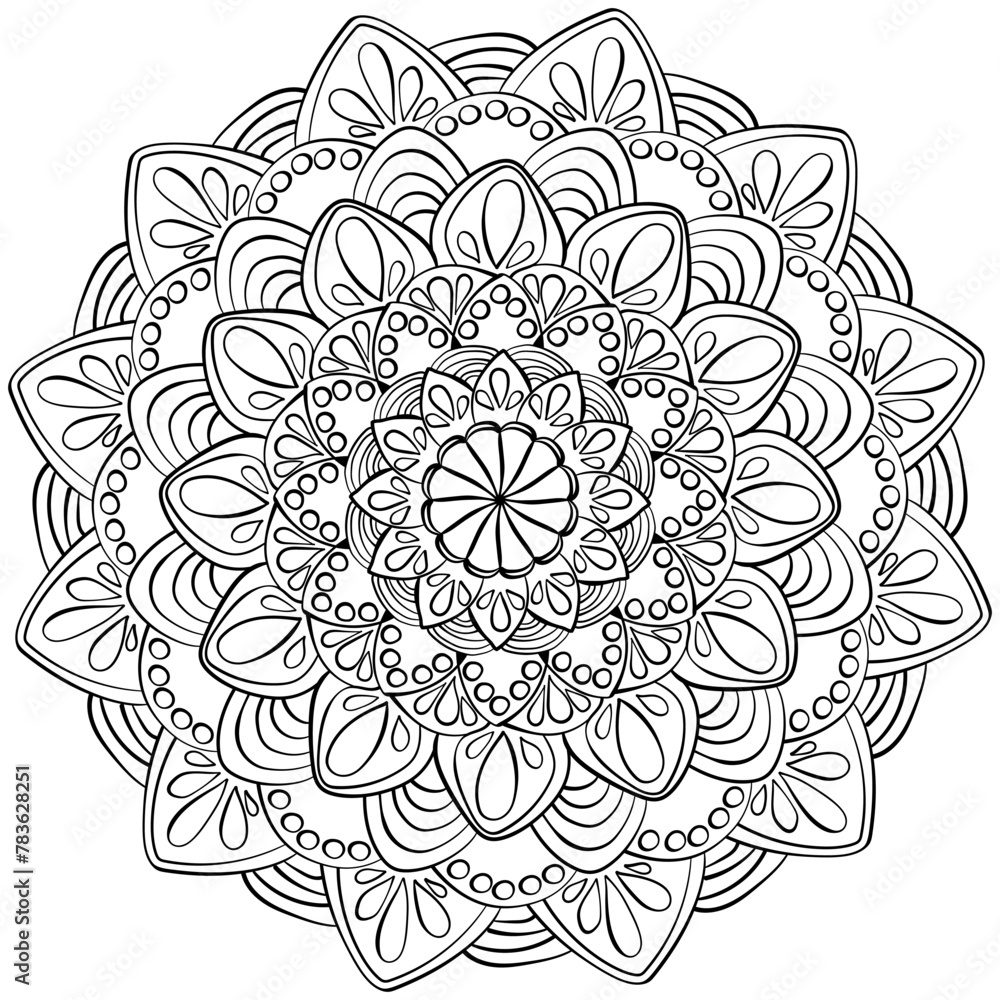 Zen mandala with drops and circles, intricate coloring page for kids creativity