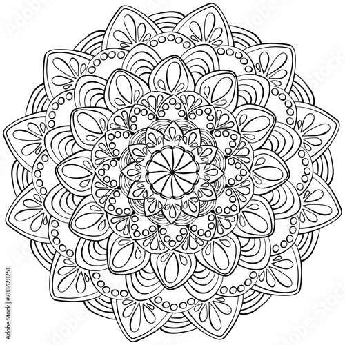 Zen mandala with drops and circles, intricate coloring page for kids creativity