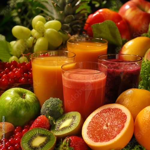 a pile of fruit and juice with a cup full of fruit in the background