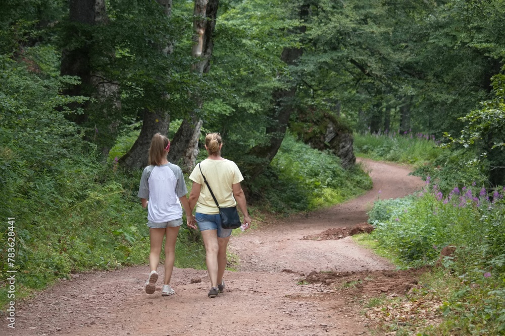 Obraz premium Back view of two women walking through footpath surrounded by growing dense trees