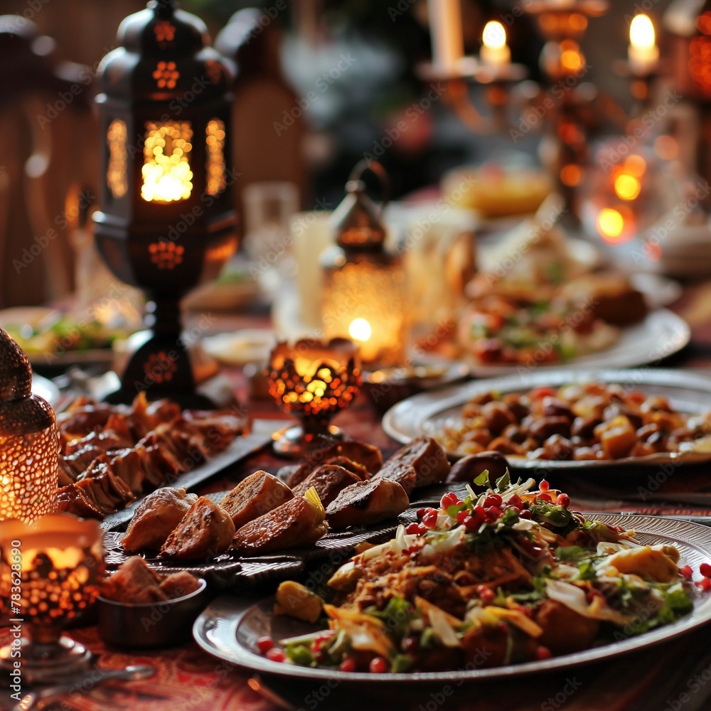 a large table full of a variety of dishes with a lantern hanging above it